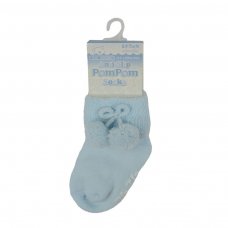 S522-B: Blue Anti-Slip Terry Socks w/Pom Pom (0-12 Months)